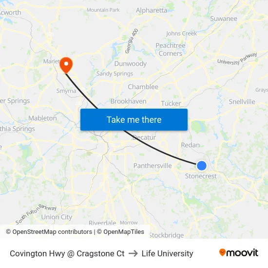 Covington Hwy @ Cragstone Ct to Life University map