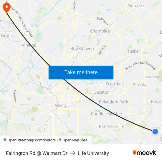 Fairington Rd @ Walmart Dr to Life University map