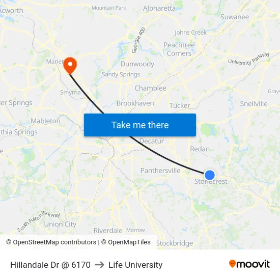 Hillandale Dr @ 6170 to Life University map