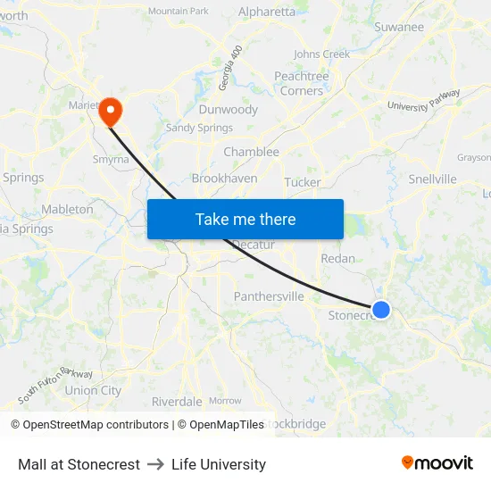 Mall at Stonecrest to Life University map