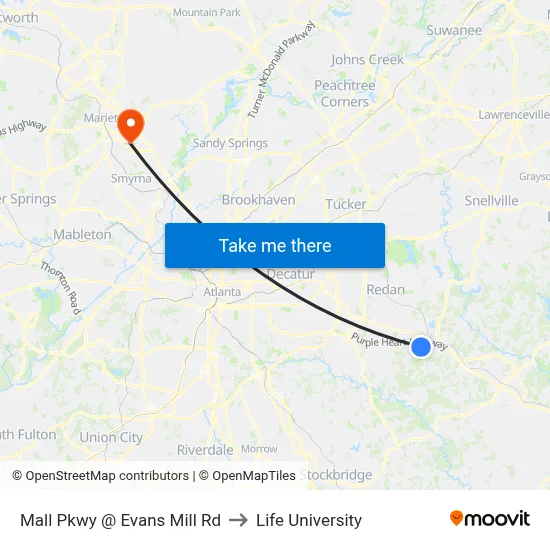 Mall Pkwy @ Evans Mill Rd to Life University map