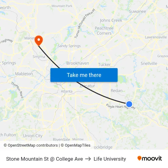 Stone Mountain St @ College Ave to Life University map