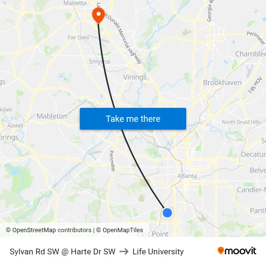 Sylvan Rd SW @ Harte Dr SW to Life University map