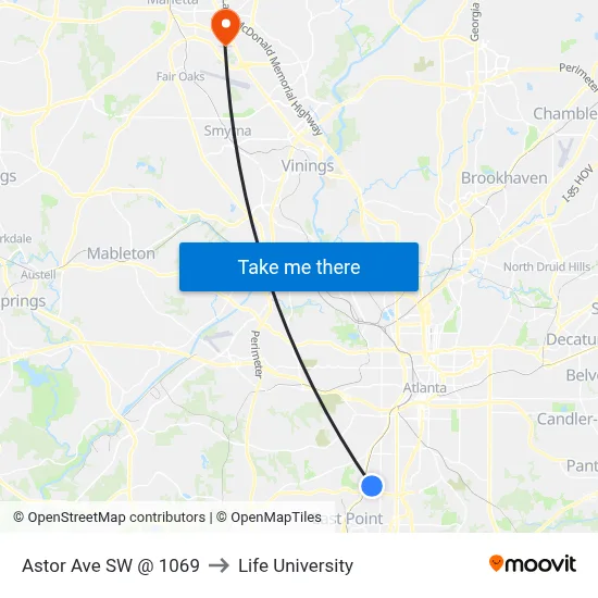 Astor Ave SW @ 1069 to Life University map