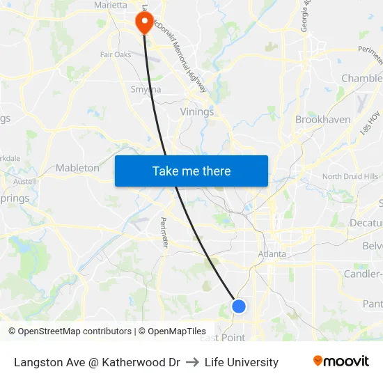 Langston Ave @ Katherwood Dr to Life University map