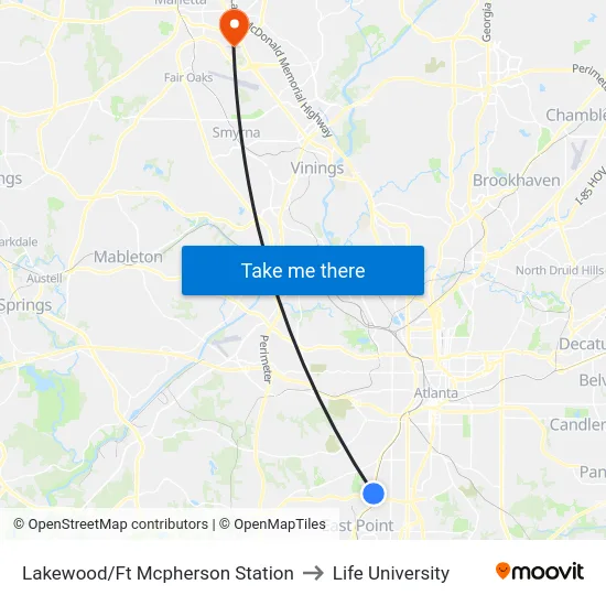 Lakewood/Ft Mcpherson Station to Life University map