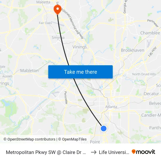 Metropolitan Pkwy SW @ Claire Dr SW to Life University map