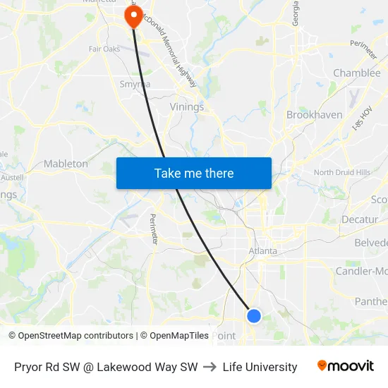 Pryor Rd SW @ Lakewood Way SW to Life University map