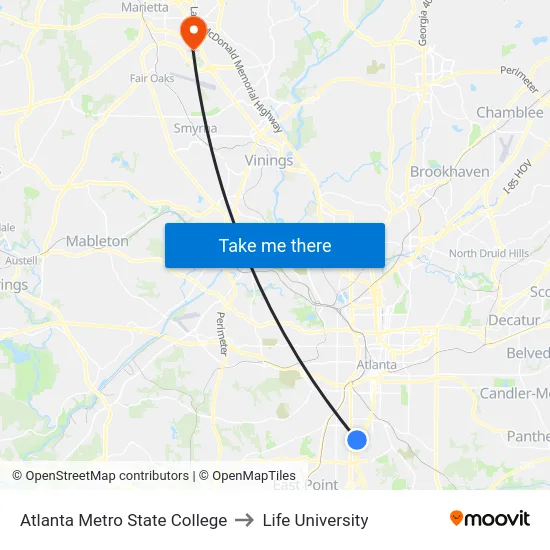 Atlanta Metro State College to Life University map