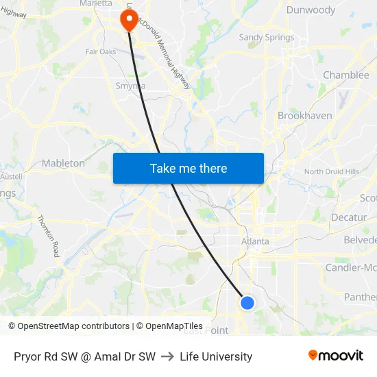 Pryor Rd SW @ Amal Dr SW to Life University map