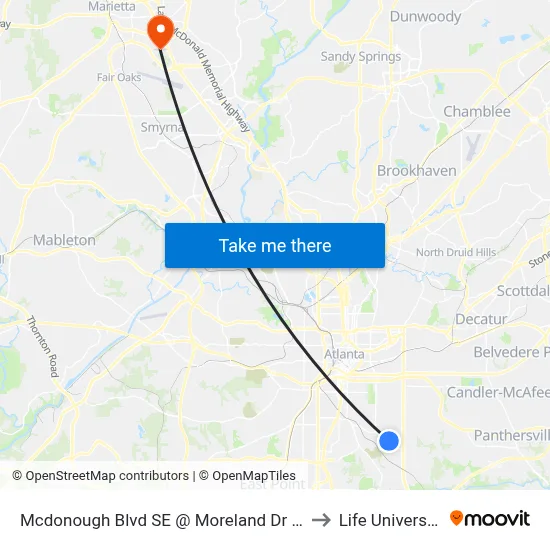 Mcdonough Blvd SE @ Moreland Dr SE to Life University map