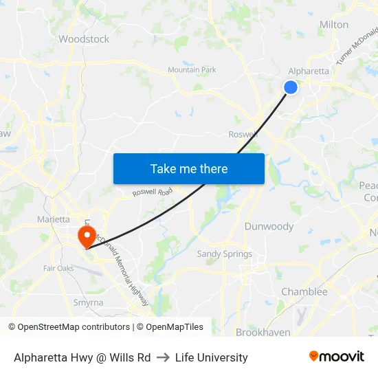 Alpharetta Hwy @ Wills Rd to Life University map