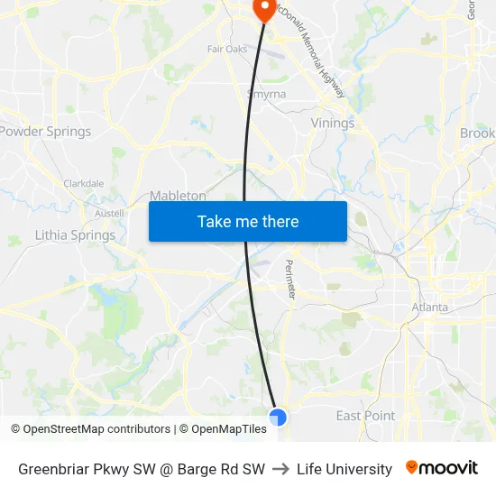 Greenbriar Pkwy SW @ Barge Rd SW to Life University map