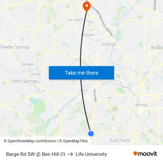 Barge Rd SW @ Ben Hill Ct to Life University map