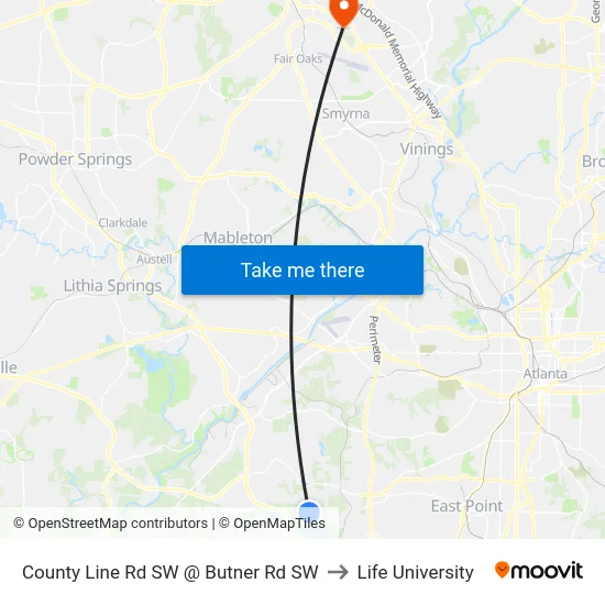 County Line Rd SW @ Butner Rd SW to Life University map