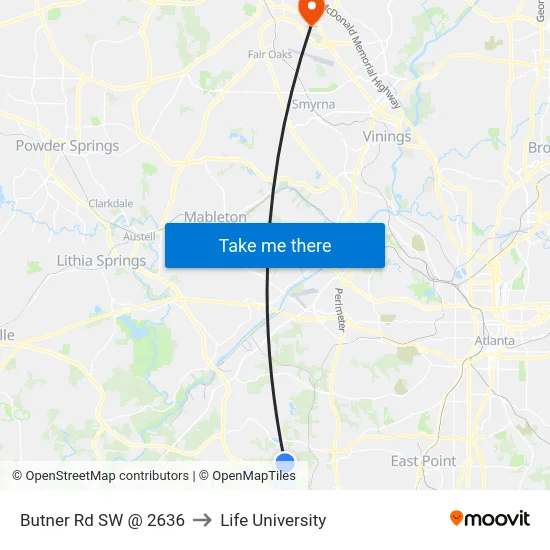 Butner Rd SW @ 2636 to Life University map