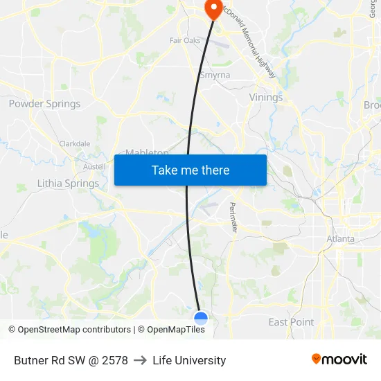 Butner Rd SW @ 2578 to Life University map