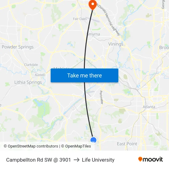 Campbellton Rd SW @ 3901 to Life University map