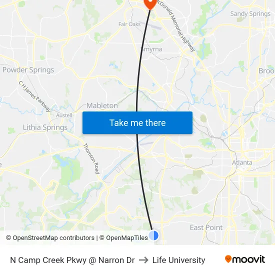 N Camp Creek Pkwy @ Narron Dr to Life University map