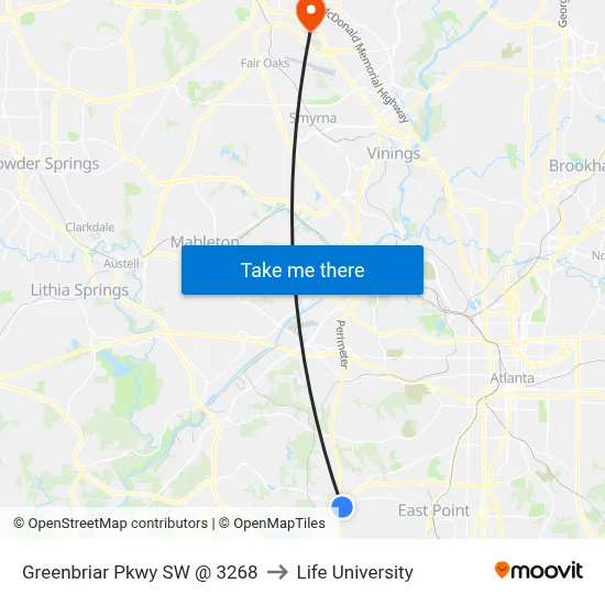 Greenbriar Pkwy SW @ 3268 to Life University map