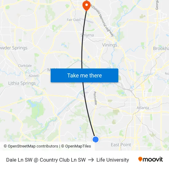 Dale Ln SW @ Country Club Ln SW to Life University map