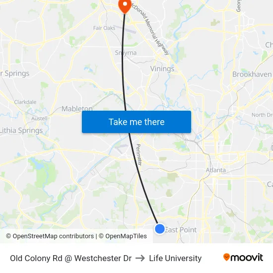 Old Colony Rd @ Westchester Dr to Life University map