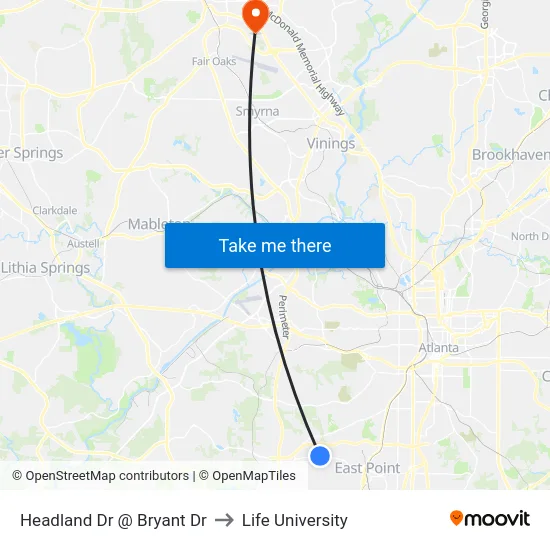 Headland Dr @ Bryant Dr to Life University map
