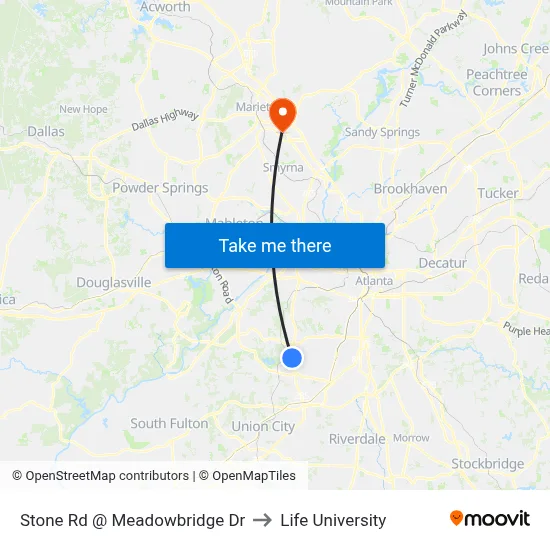 Stone Rd @ Meadowbridge Dr to Life University map