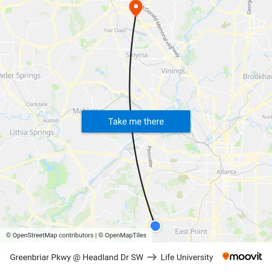 Greenbriar Pkwy @ Headland Dr SW to Life University map