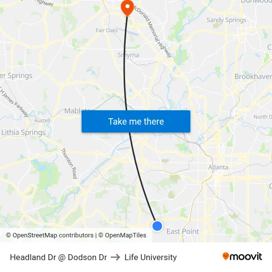 Headland Dr @ Dodson Dr to Life University map