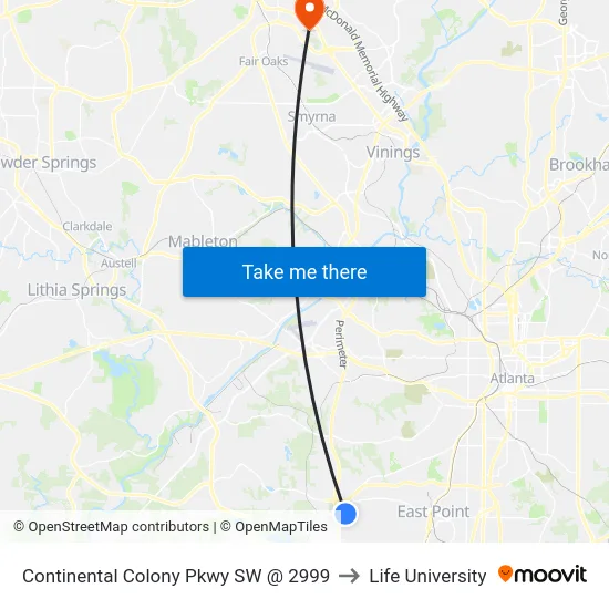 Continental Colony Pkwy SW @ 2999 to Life University map