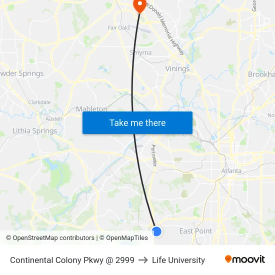 Continental Colony Pkwy @ 2999 to Life University map
