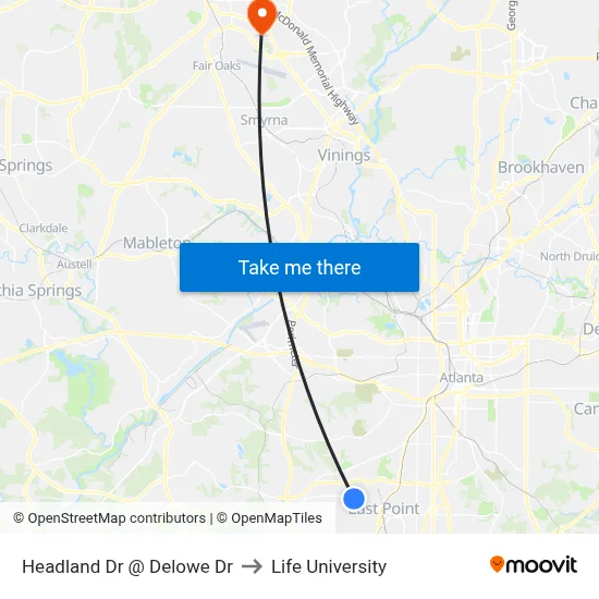 Headland Dr @ Delowe Dr to Life University map