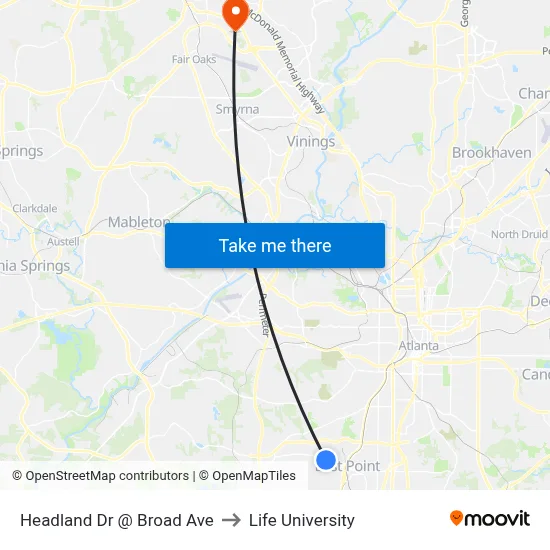 Headland Dr @ Broad Ave to Life University map