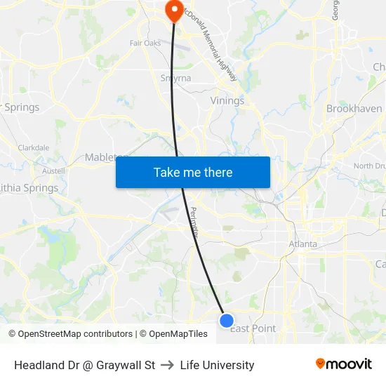 Headland Dr @ Graywall St to Life University map