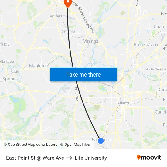 East Point St @ Ware Ave to Life University map