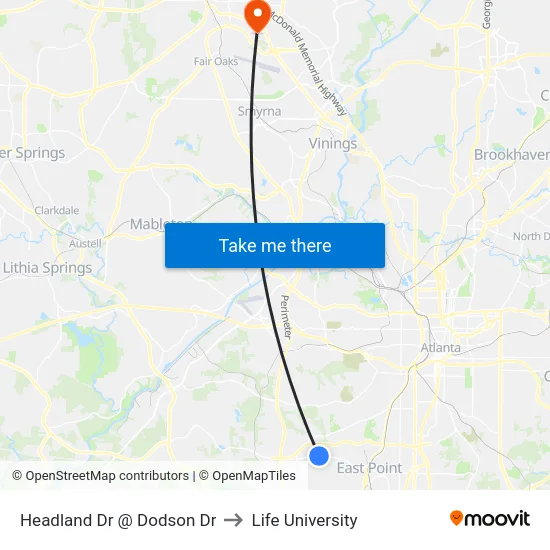 Headland Dr @ Dodson Dr to Life University map