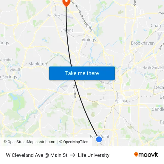 W Cleveland Ave @ Main St to Life University map