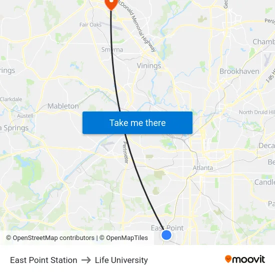 East Point Station to Life University map