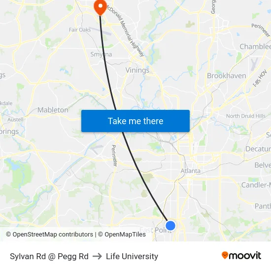 Sylvan Rd @ Pegg Rd to Life University map