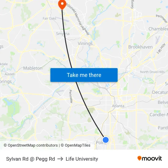 Sylvan Rd @ Pegg Rd to Life University map