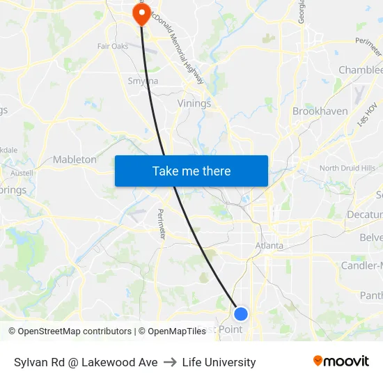 Sylvan Rd @ Lakewood Ave to Life University map
