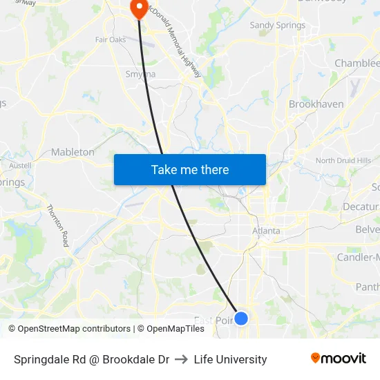 Springdale Rd @ Brookdale Dr to Life University map