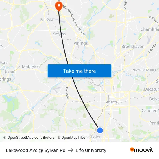 Lakewood Ave @ Sylvan Rd to Life University map
