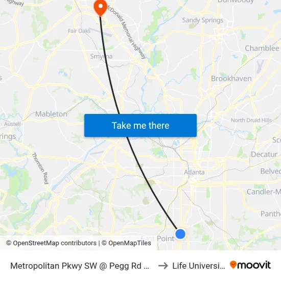 Metropolitan Pkwy SW @ Pegg Rd SW to Life University map