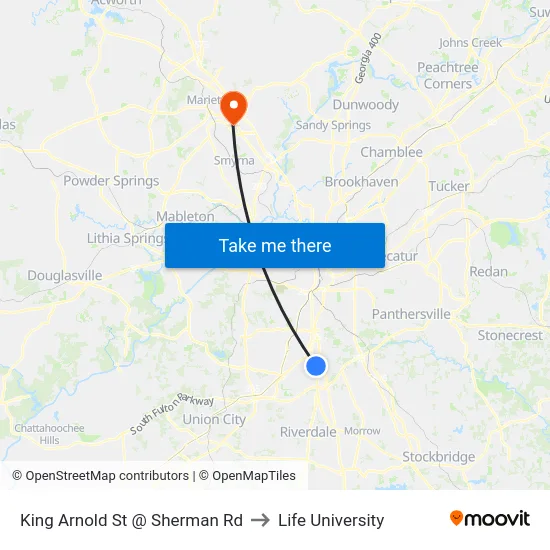 King Arnold St @ Sherman Rd to Life University map