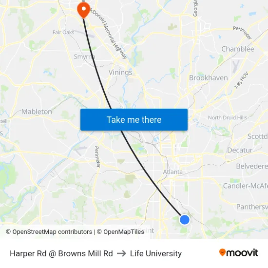Harper Rd @ Browns Mill Rd to Life University map
