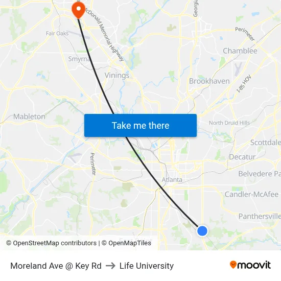 Moreland Ave @ Key Rd to Life University map