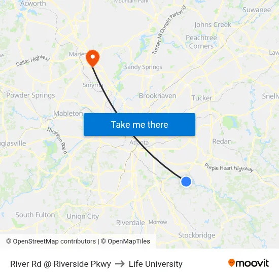 River Rd @ Riverside Pkwy to Life University map
