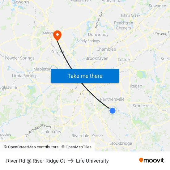 River Rd @ River Ridge Ct to Life University map